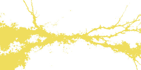 Yellow paint splashes and drops create a vibrant grunge texture illustration on a white backdrop