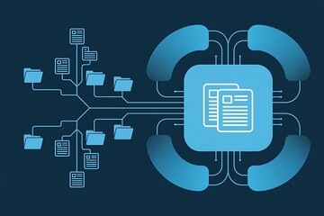 Digital data management represented by interconnected files folders and document icons conveying network organization and information technology infrastructure