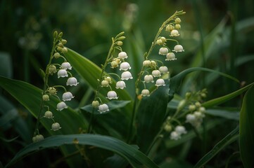 Obraz premium Blooming lily of the valley blossoms on a natural backdrop