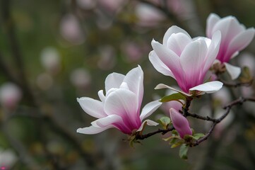 Springtime magnolia flowers blooming on a branch amid a natural setting.