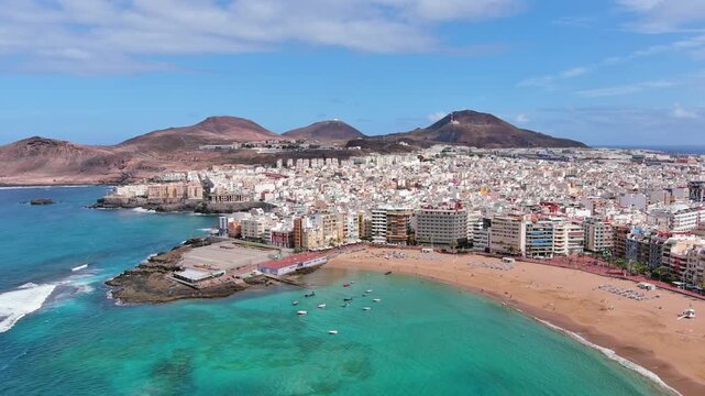 Las Palmas de Gran Canaria, Canary Islands, Spain: Aerial view of one of capital cities of Canary Islands, famous beach Playa de Las Canteras - landscape panorama of  Atlantic Ocean islands from above