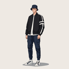 Stylish Young Man in Modern Streetwear Fashion Illustration with Bomber Jacket and Bucket Hat, Casual Urban Style