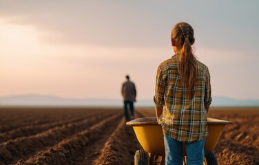 Girl assisting grandfather in vegetable garden during sunset in rural landscape