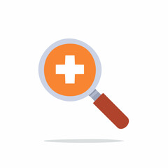 Obraz premium Magnifying Glass with White Plus Sign Symbol Inside an Orange Circle for Medical or Health Care