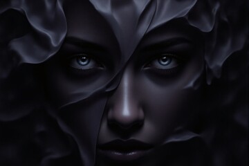 Intense portrait of a woman's face partially veiled by dark flowing draped fabric