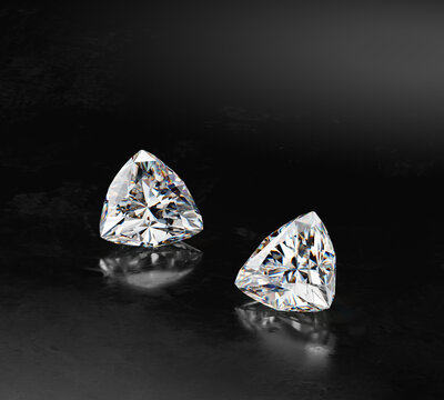 3D render group trilliant diamonds with caustic placed on glossy blackground	
