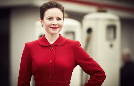 Vintage red skirt suit at retro gas station captures nostalgic fashion and timeless elegance in daylight