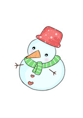 a cute snowman is wearing a red hat and a green scarf on transparent background