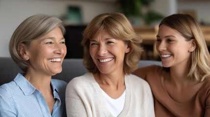 Three generations laughing together on living room sofa family joy generational bonding happy gathering family connection age diversity domestic happiness