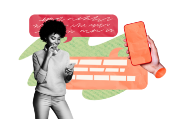 Composite trend artwork image photo collage of speech cloud chatting app social media young lady stand smartphone type blog headphones