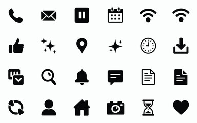 Scalable vector graphics collection of diverse communication and utility icons for digital interfaces silhouette vector illustration white background