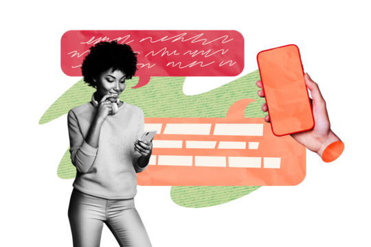 Composite trend artwork image photo collage of speech cloud chatting app social media young lady stand smartphone type blog headphones