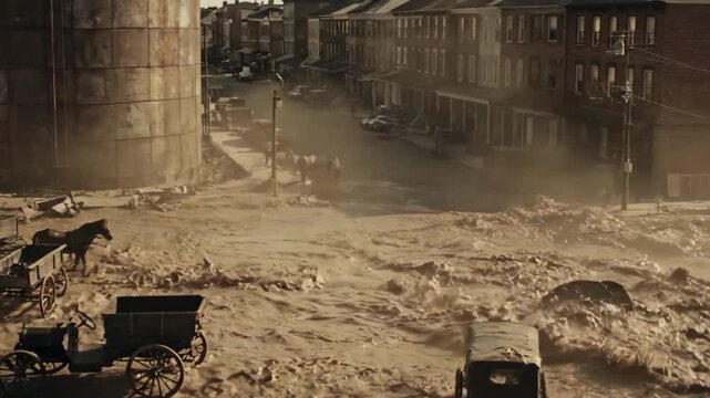 A massive old storage tank bursts, flooding a historic town with mud.