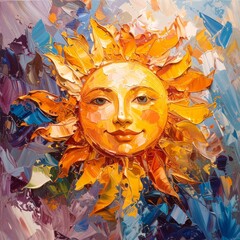 A cheerful and expressive impasto oil painting of a smiling sun. The thick, textured brush strokes create a vibrant and joyful artwork symbolizing happiness and optimism.