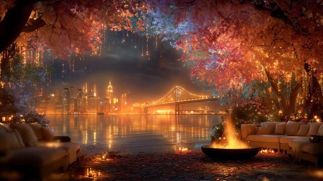 evening campfire by the river with cozy sofas fireworks over city skyline and bridge warm magical atmosphere serene scenic view