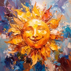 A cheerful and expressive impasto oil painting of a smiling sun. The thick, textured brush strokes create a vibrant and joyful artwork symbolizing happiness and optimism.