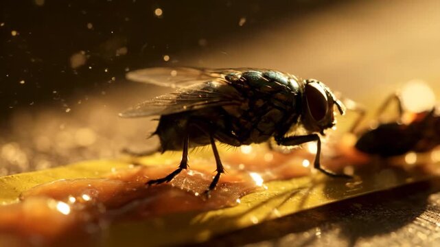 A common housefly is stuck and struggling on a sticky flypaper trap.
