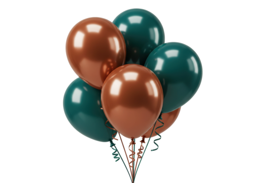 Bunch of teal and copper balloons isolated on transparent background, party decoration for birthday celebration and festive events PNG