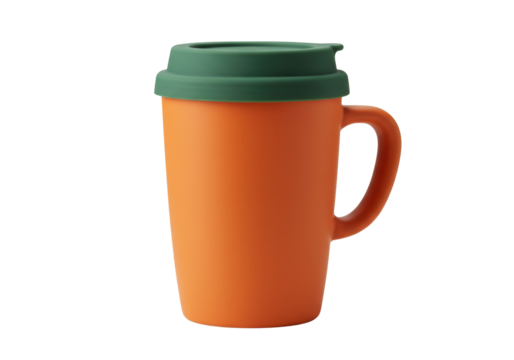 Orange travel mug with green lid isolated on transparent background, reusable coffee cup for hot drinks and sustainable lifestyle