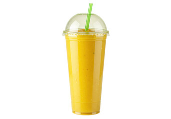 Refreshing mango smoothie in a plastic cup with straw isolated, healthy tropical fruit drink for summer refreshment