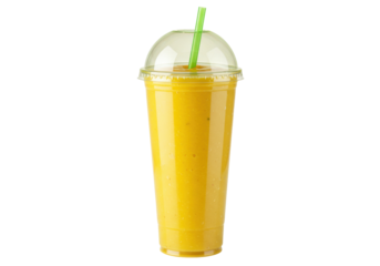 Refreshing mango smoothie in a plastic cup with straw isolated, healthy tropical fruit drink for summer refreshment