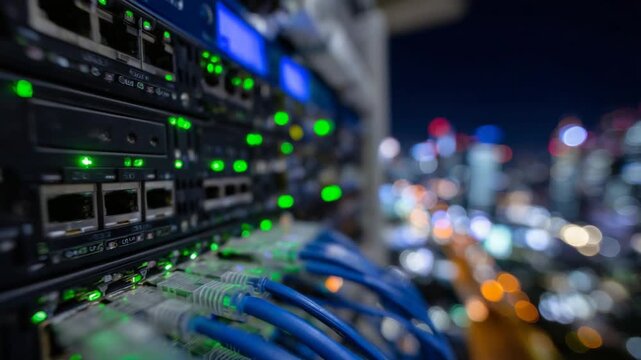 Close-up of a network switch with glowing LED lights and Ethernet cables, representing high-speed data transfer and digital connectivity.