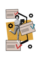 Vertical photo collage of excited american girl hold laptop confirm sign tab vacancy approval...