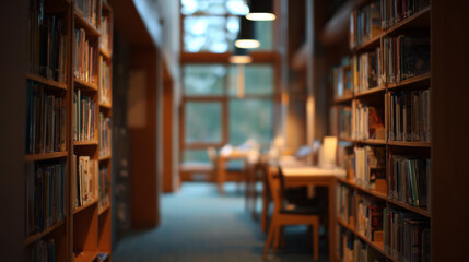Cozy library background with blurred shelves and soft lighting, perfect for creative projects, featuring vintage books and a warm ambiance.