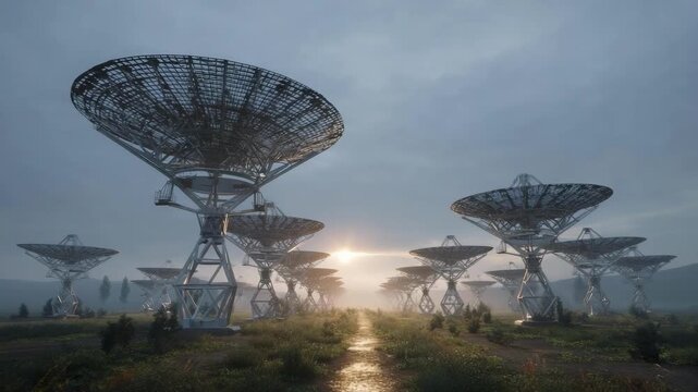 An array of large radio telescope dishes in a grassy field at sunset.