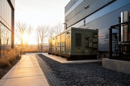 Outdoor generator set situated near a modern building at sunrise with gravel walkway, concept for emergency power, industrial solutions and building infrastructure