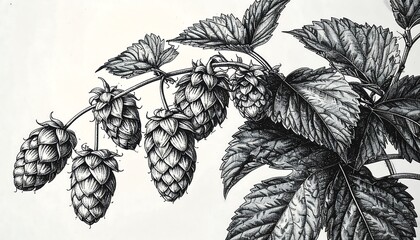Detailed botanical illustration of hop plant