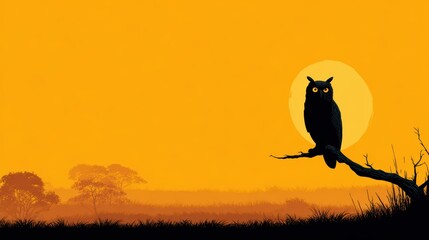 Silhouette of Owl Perched on Branch Against Sunset Background