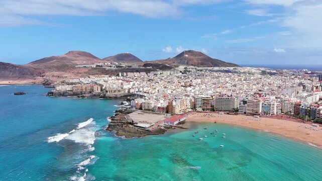 Las Palmas de Gran Canaria, Canary Islands, Spain: Aerial view of one of capital cities of Canary Islands, famous beach Playa de Las Canteras - landscape panorama of  Atlantic Ocean islands from above