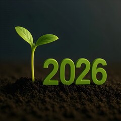 Green sprout emerging from soil beside the year 2026 symbolizing new beginnings