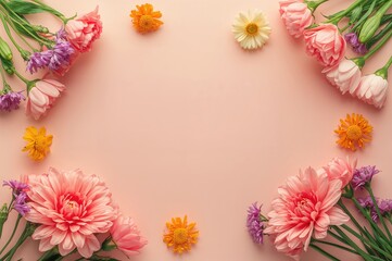 Obraz premium Easter-themed banner featuring blank area framed by vibrant blossoms on a soft pastel backdrop. Artistic seasonal idea. Classic festive card or promotional flyer. Overhead view.