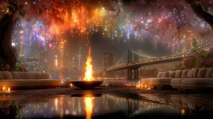 evening campfire by the river with cozy sofas fireworks over city skyline and bridge warm magical atmosphere serene scenic view - Powered by Adobe
