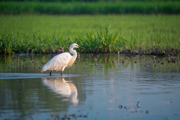 A white egret standing in a muddy paddy field