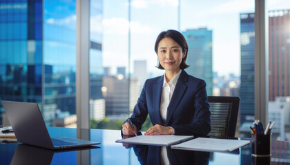高層ビルの社長室で仕事をする女性社長