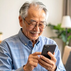 スマホを楽しむ高齢男性