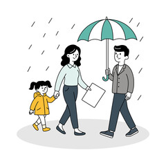 Parents and Kid Under Umbrella - Outdoor Activity - Autumn Day - Urban Stroll - Vector Art