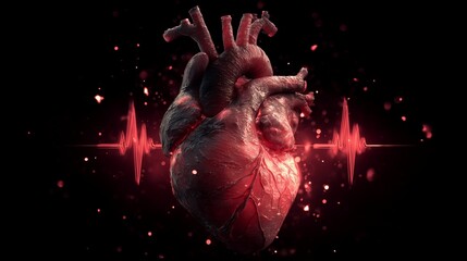 Anatomical human heart with red heartbeat line on dark background, concept for cardiology research, medical illustration and healthcare awareness campaign