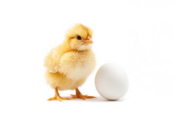 Fototapeta premium Small yellow chick and egg on a white backdrop