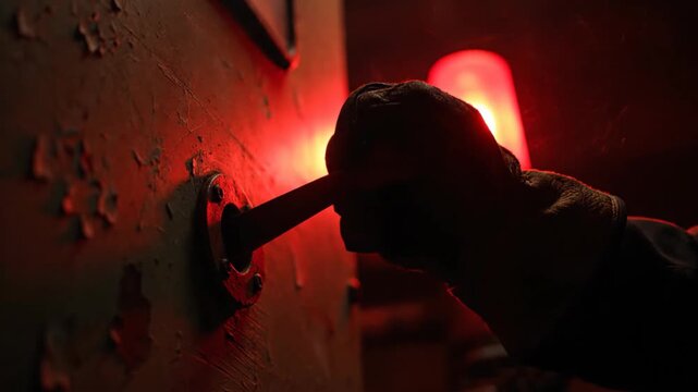 A gloved hand pulls a heavy industrial lever, activating a warning alarm.