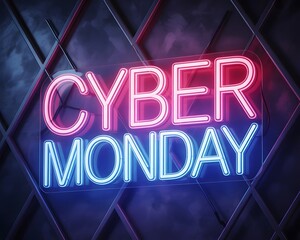 Cyber monday neon sign glowing with pink and blue lights on a dark diamond pattern background, representing online shopping and digital sales events