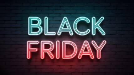 Obraz premium Black friday neon sign with red and cyan lights glowing on a dark, textured brick wall, signifying major shopping discounts and seasonal sales