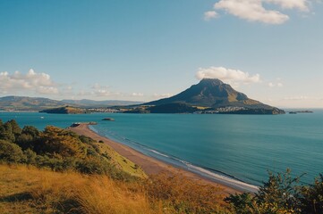Fototapeta premium Scenic panorama of a mountain overlooking the ocean with trees and grassy fields during summer