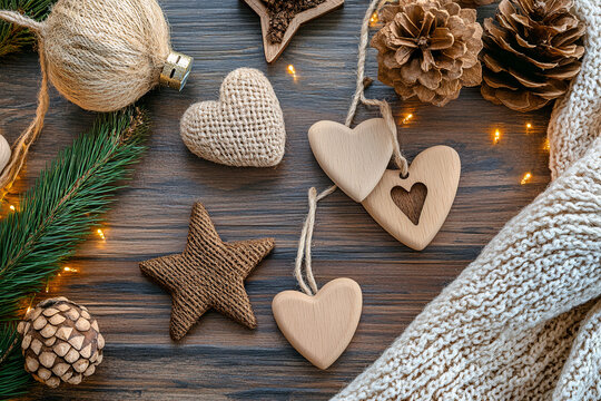 Christmas heart decoration on a wooden background.