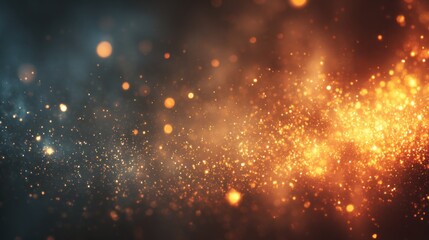 Fototapeta premium Dreamy blurred background with light bursts, flying embers and magic dust shimmer, warm Halloween glow suggesting transformation, clean composition with copy space.