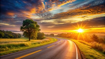 Naklejka premium Warm golden light illuminates a winding road as a vibrant sunrise breaks through the horizon, nature, open road, nature