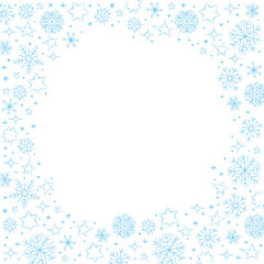 Winter vector square of blue snowflakes, stars. Hand drawn border, isolated. Background, backdrop, template for theme of Snowfall, Christmas, new year